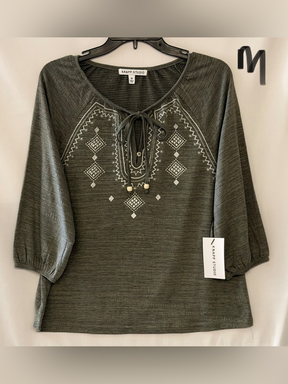 Knapp Studio Grey Embroidered Tie-Neck Tunic Top